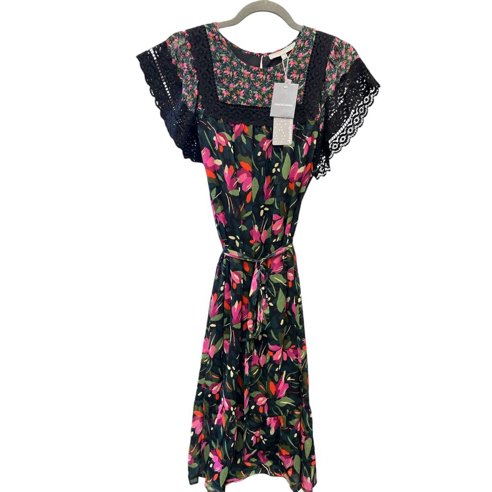 Danielrainn Dress Floral Red Green Black Short Sleeve Square Neck Lace Crochet M
